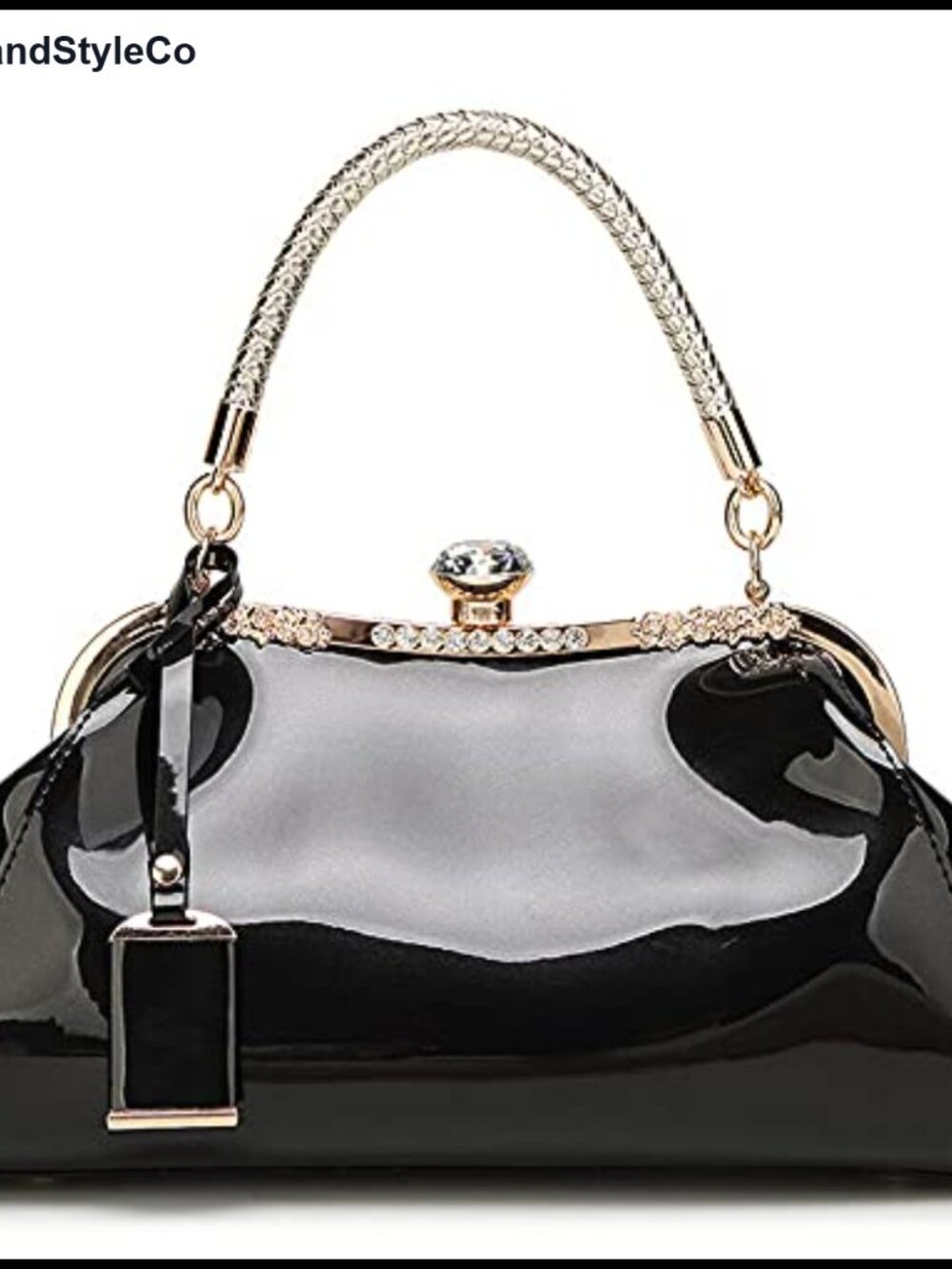 Glossy Patent Leather Satchel Purse Crystal Buckle Top Handle Evening Bag